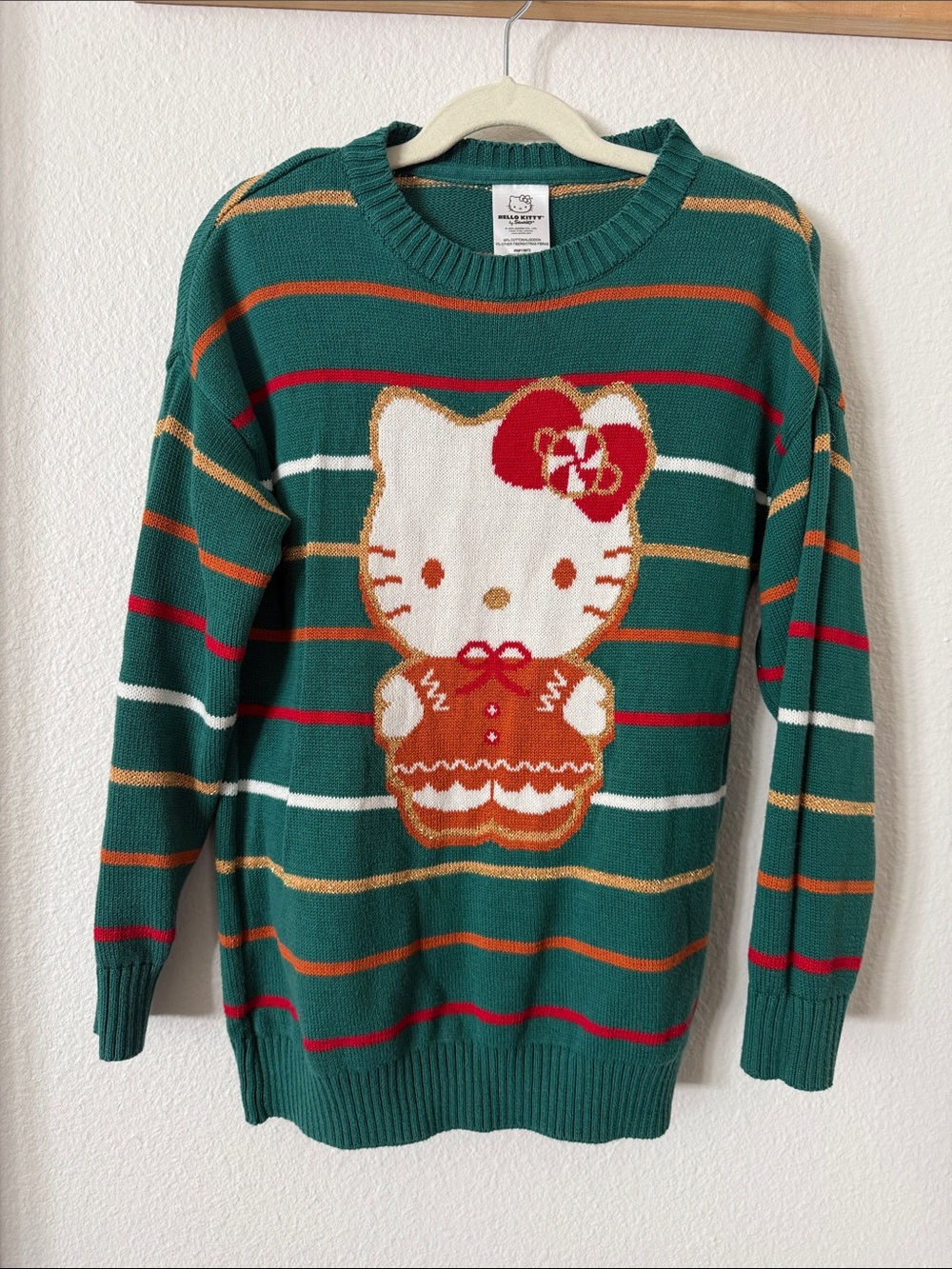 Sanrio Green Striped Hello Kitty Sweater with Red and Tan Accents